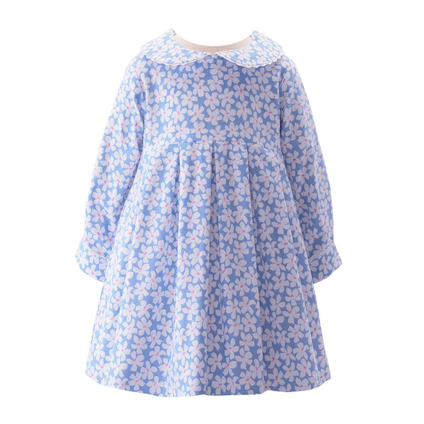 Blue Daisy Flannel Pleated Dress