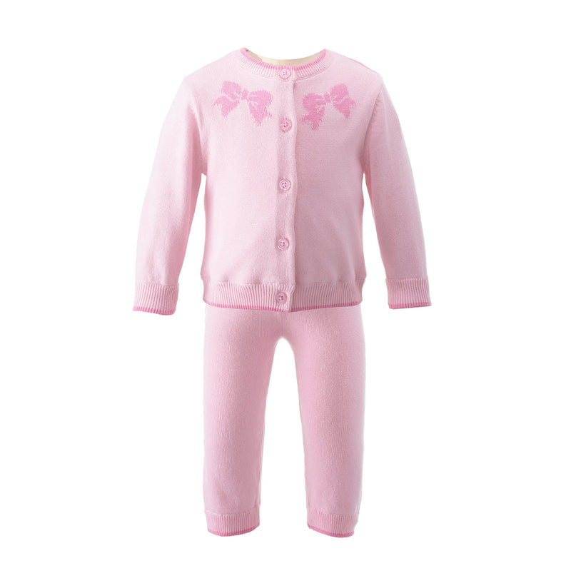 Baby knitted pink cardigan with intarsia bow design on the chest area and trousers set.