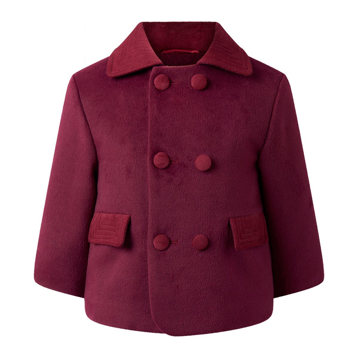 Baby boy double breasted coat in rich burgundy, with velvet trims on the collar sleeves and buttons