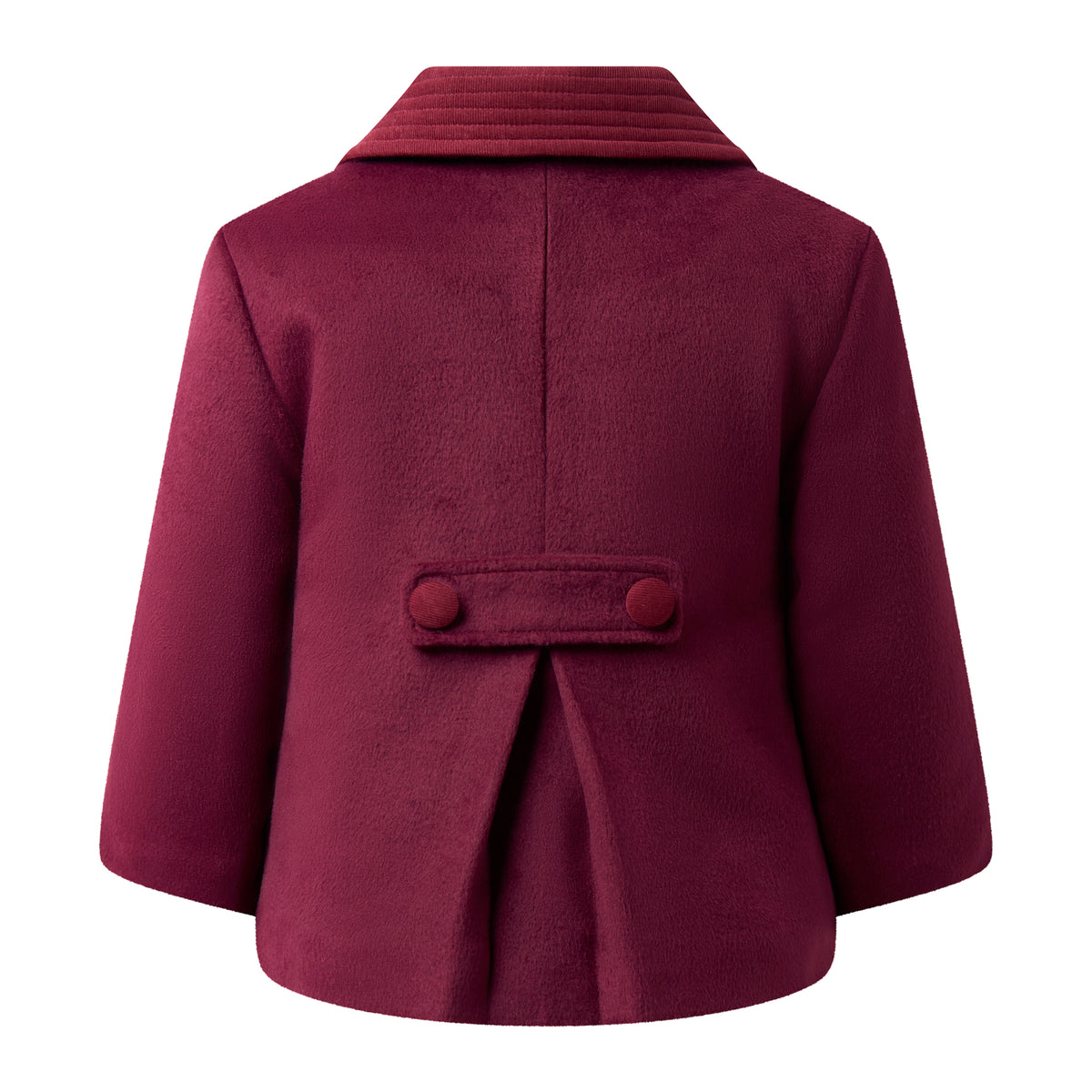 Baby boy double breasted coat in rich burgundy, with velvet trims on the collar sleeves and buttons