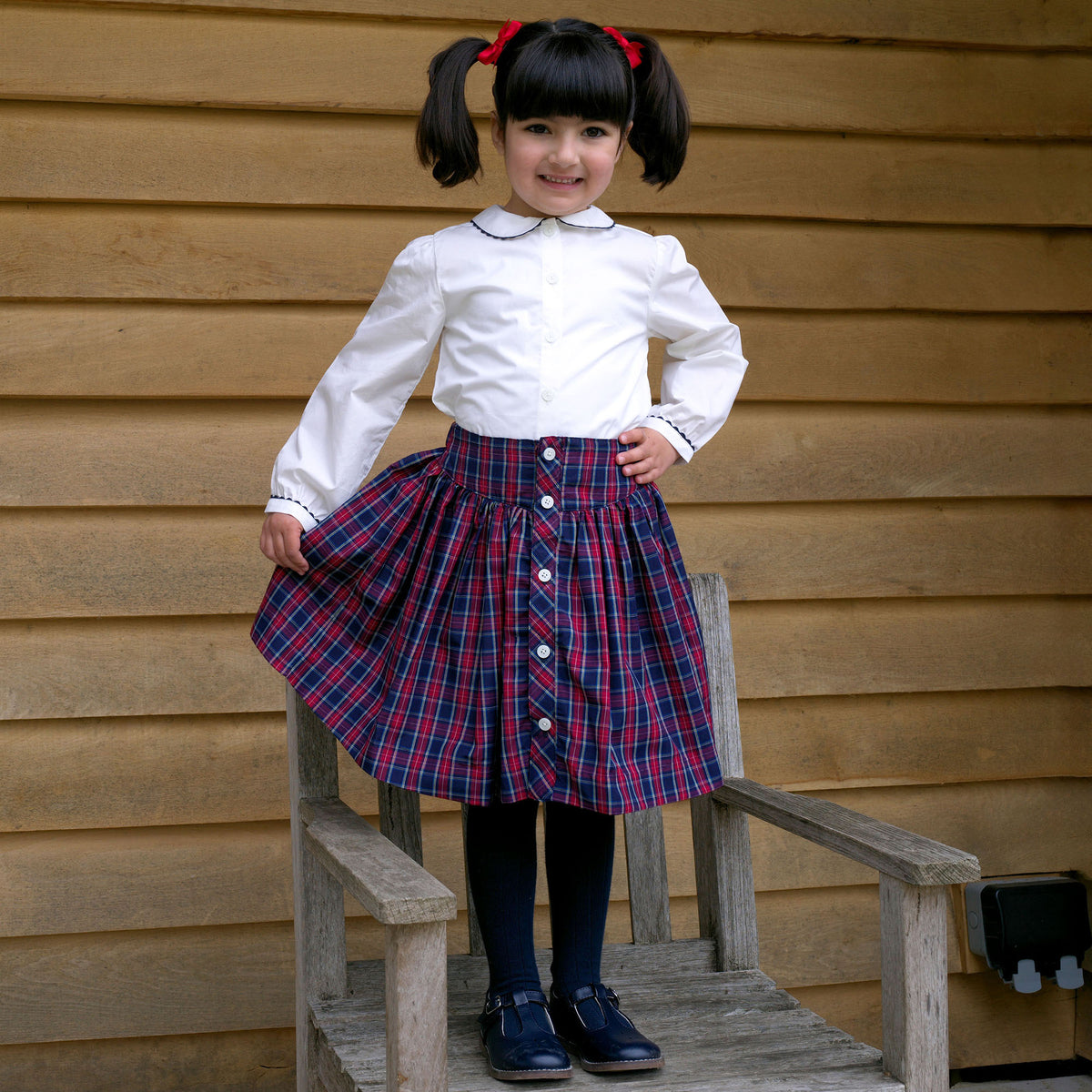 Navy Check Button-front Skirt