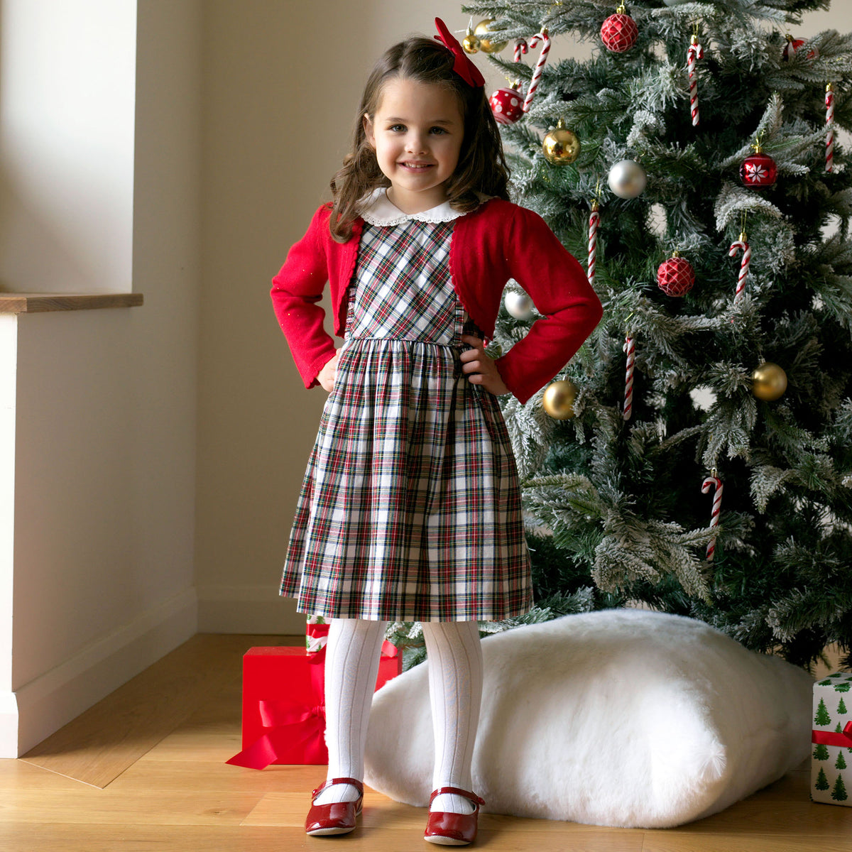 Ivory Tartan Frill Front Dress