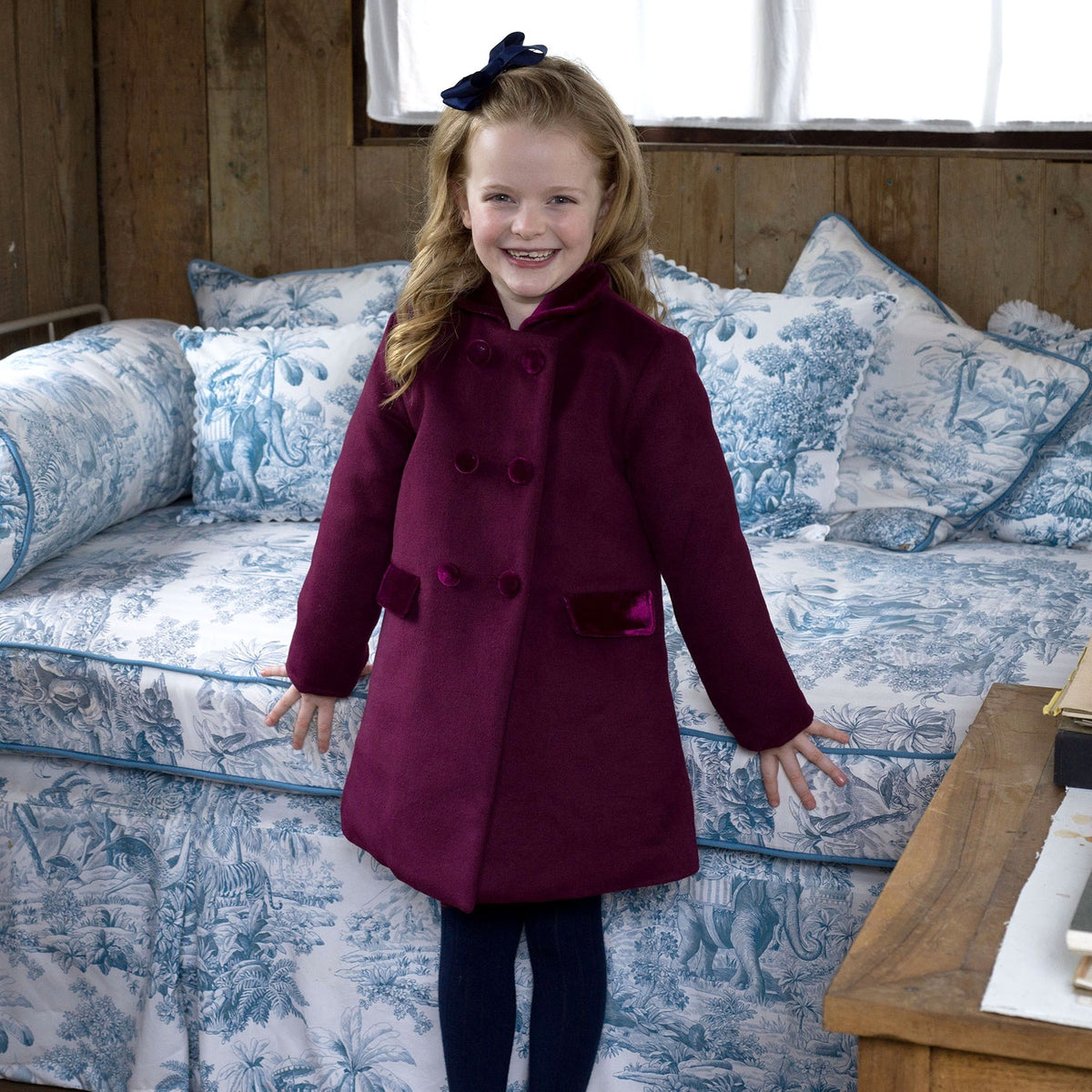 Burgundy Velvet Trim Dress Coat