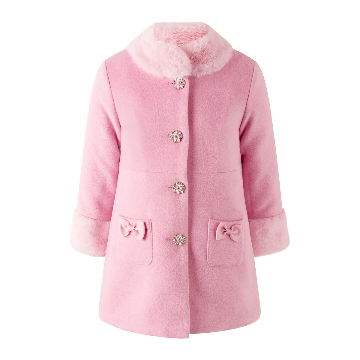 Pink Sparkle Button Faux Fur Dress Coat