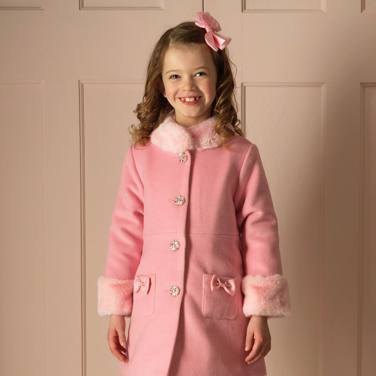 Pink Sparkle Button Faux Fur Dress Coat