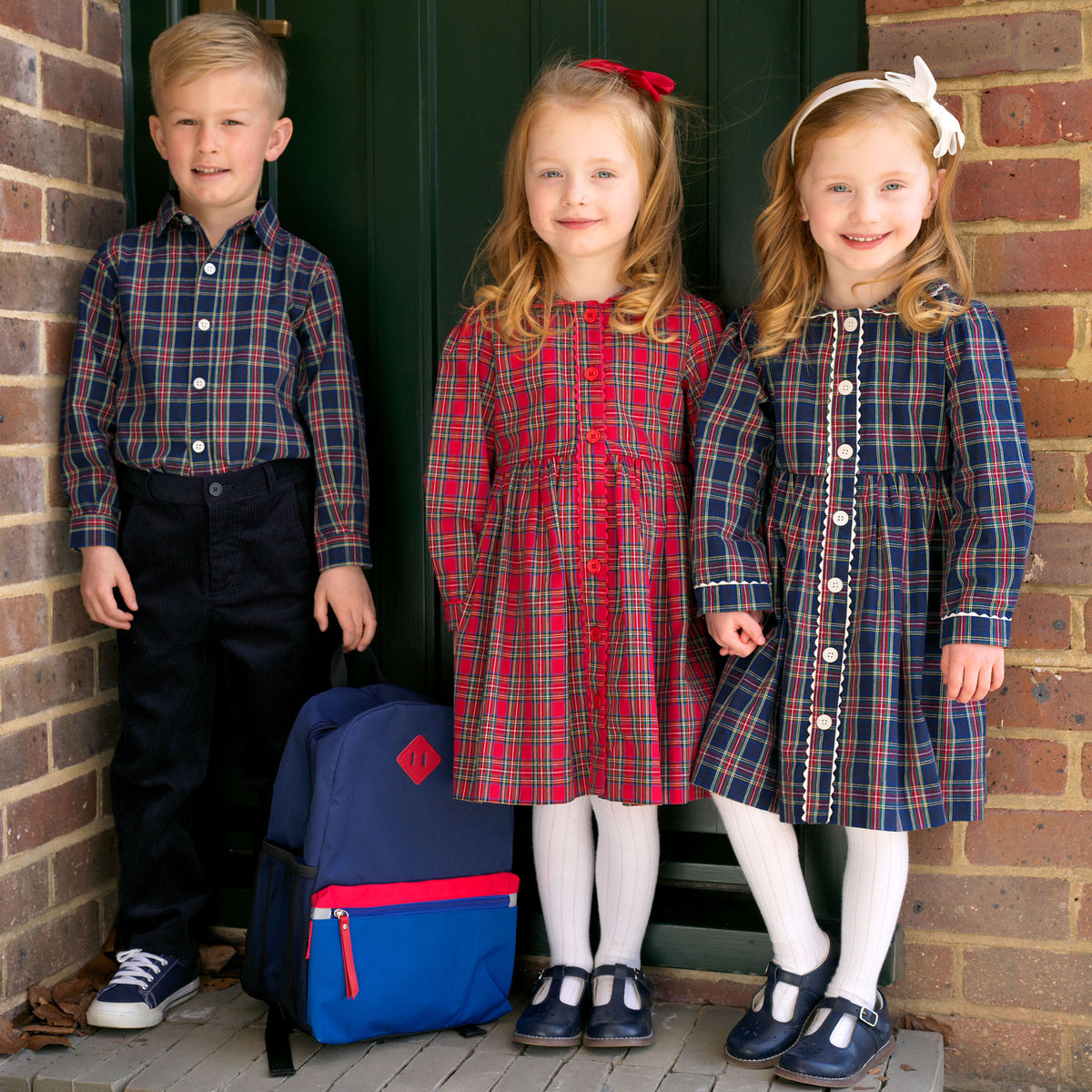 Red Tartan LS Button-front Dress