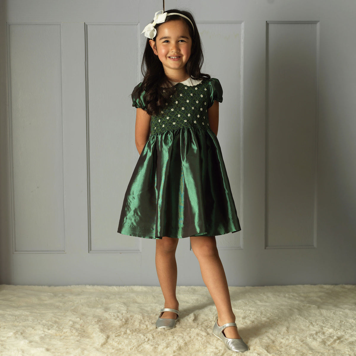 Green Taffeta Smocked Dress
