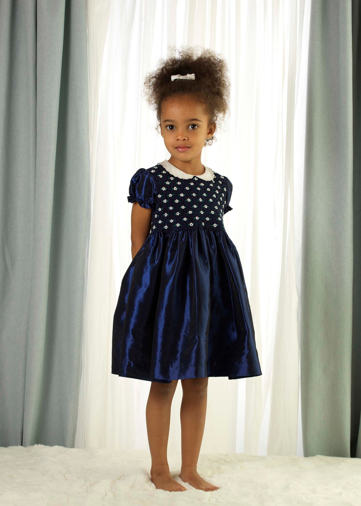 Navy Taffeta Smocked Dress