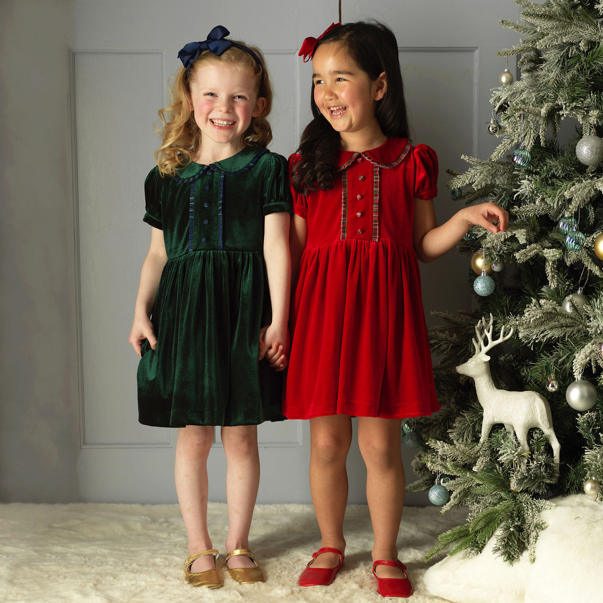 Red Velvet Tartan Trim Dress