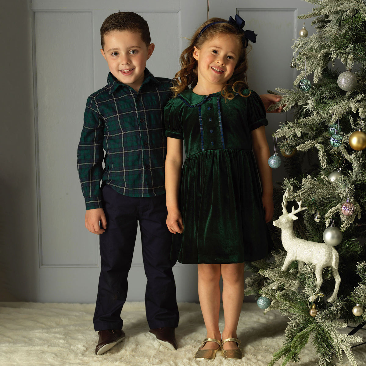 Green Velvet Tartan Trim Dress