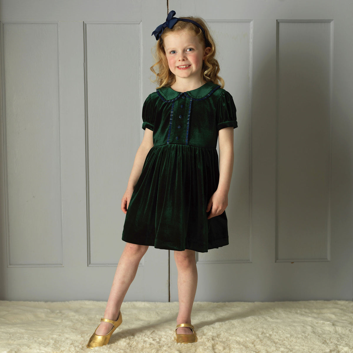 Green Velvet Tartan Trim Dress