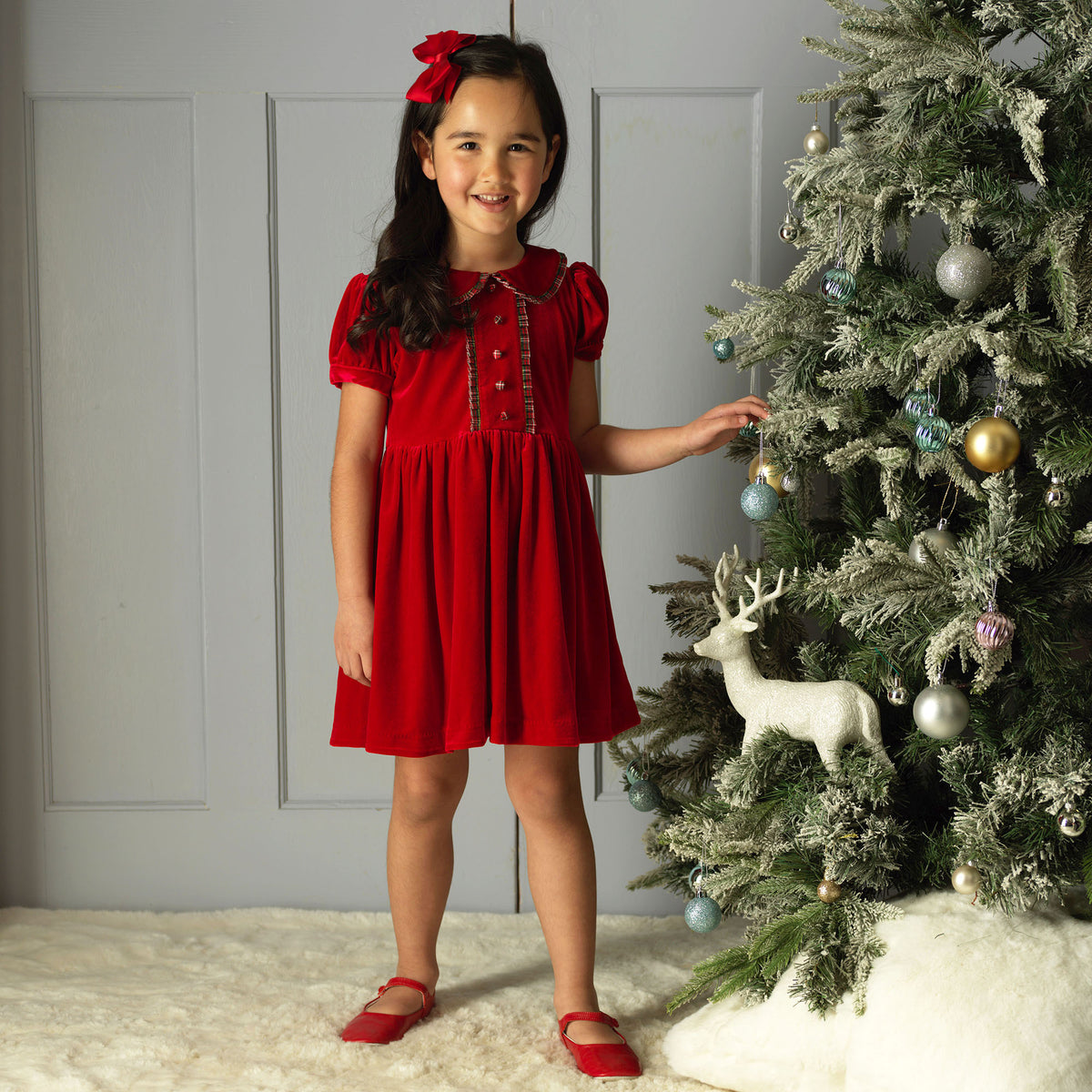 Red Velvet Tartan Trim Dress
