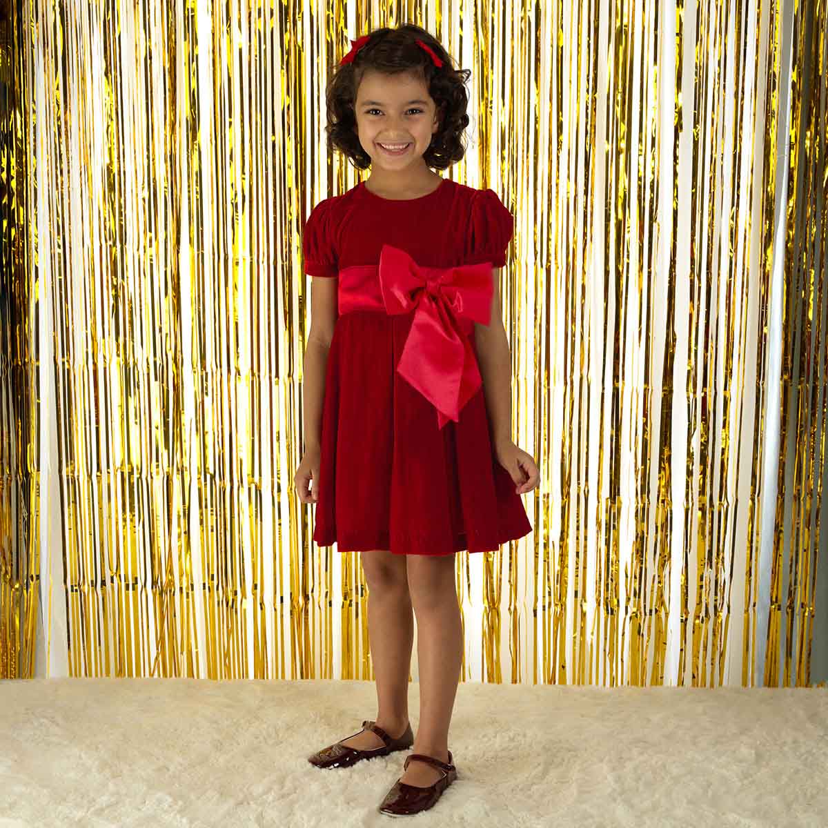 Crushed Velvet Bow Dress, Red
