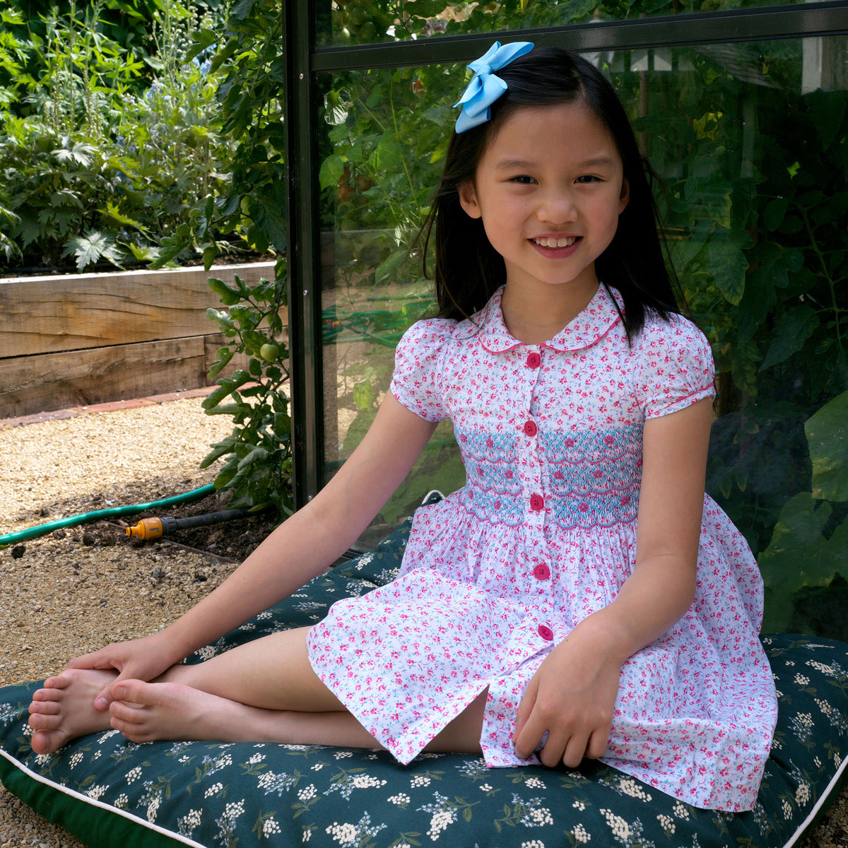 Ivory Floral Smocked Button-front Dress