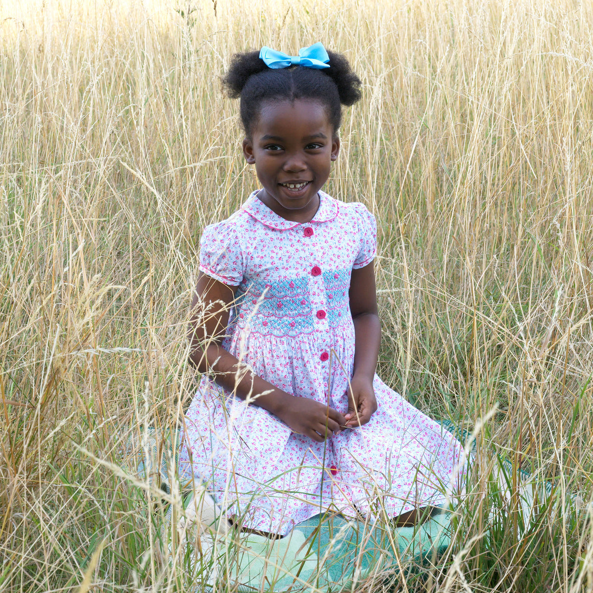 Ivory Floral Smocked Button-front Dress