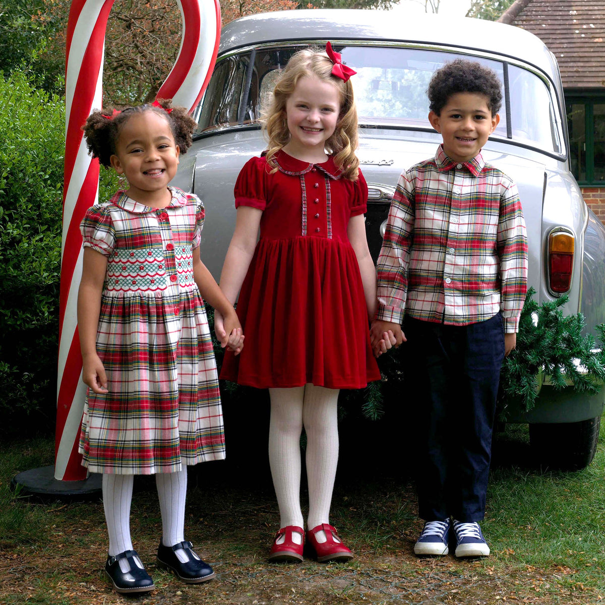 Red Velvet Tartan Trim Dress