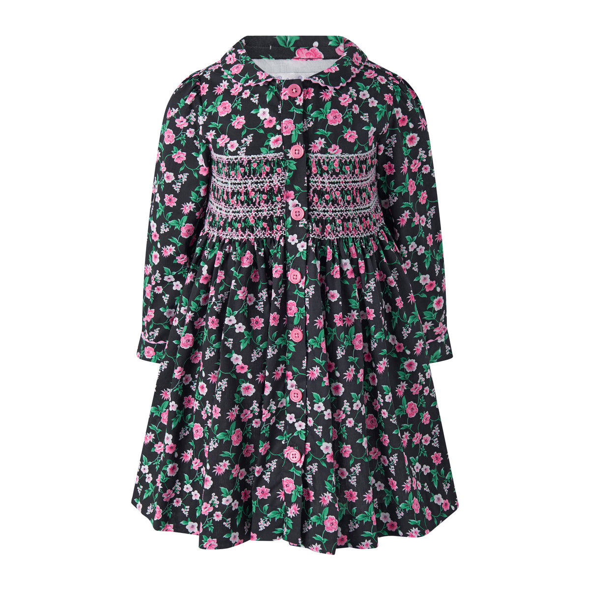 Black Floral Smocked Button-front Dress