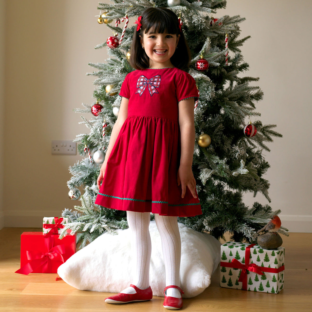 Red Tartan Bow Embroidered Dress