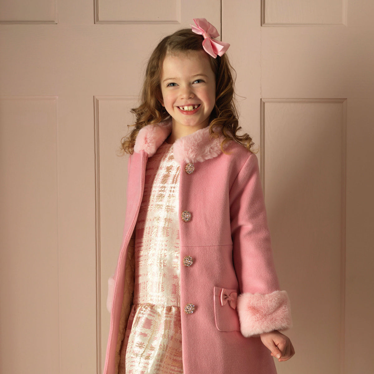 Pink Sparkle Button Faux Fur Dress Coat