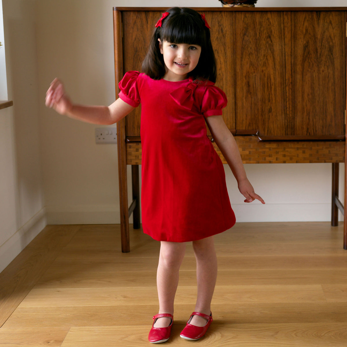 Red Bow Shoulder Velvet Dress