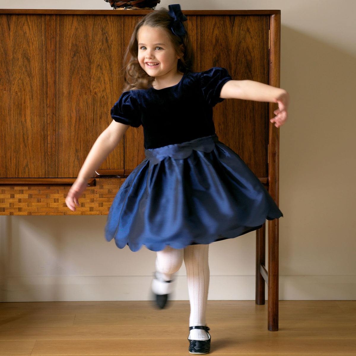 Navy Taffeta Scalloped Dress