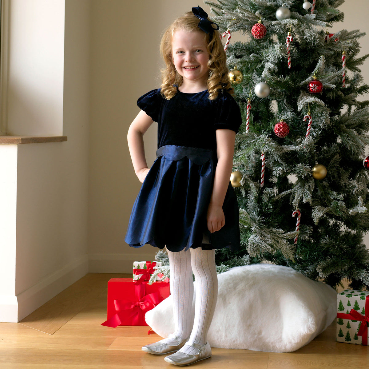 Navy Taffeta Scalloped Dress
