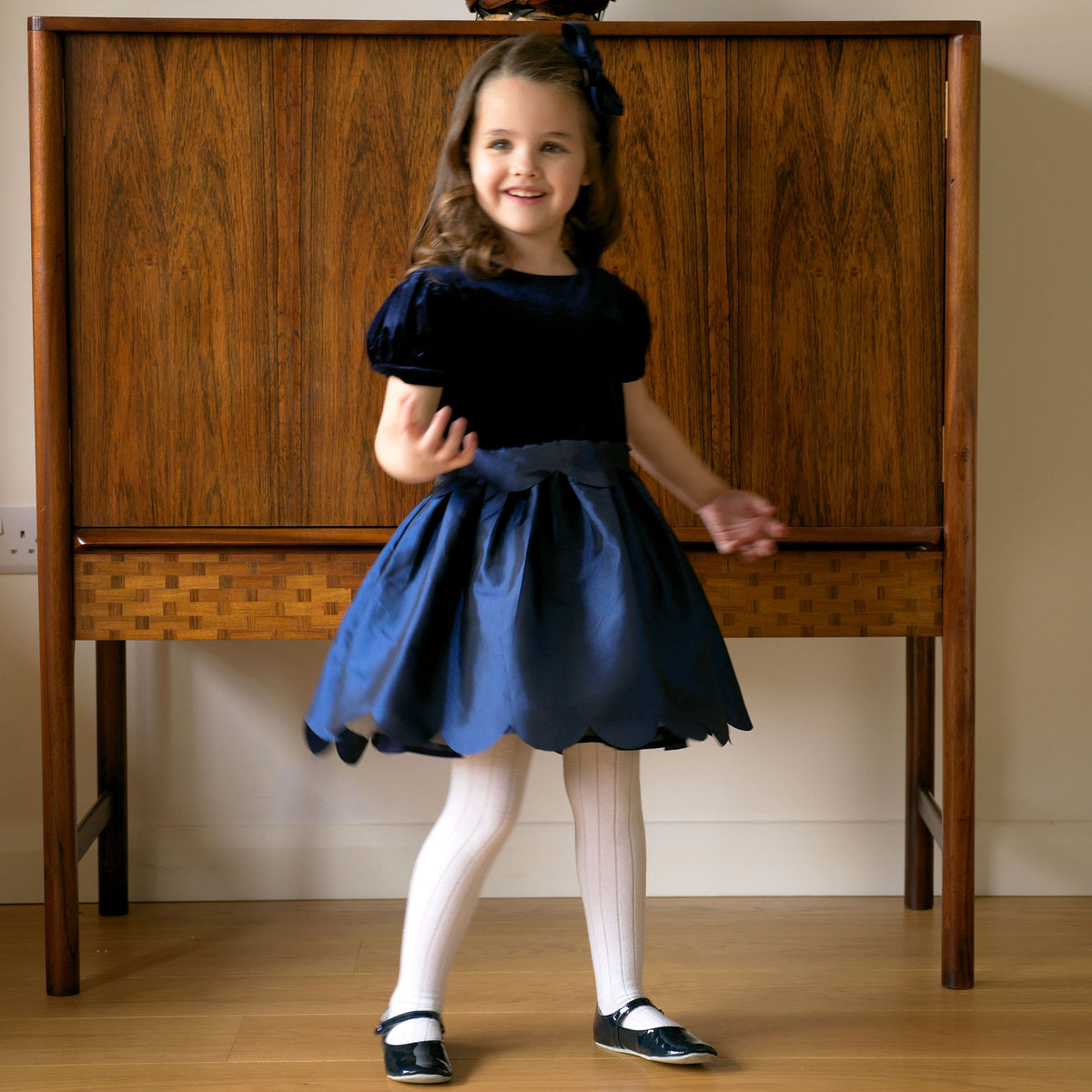 Navy Taffeta Scalloped Dress