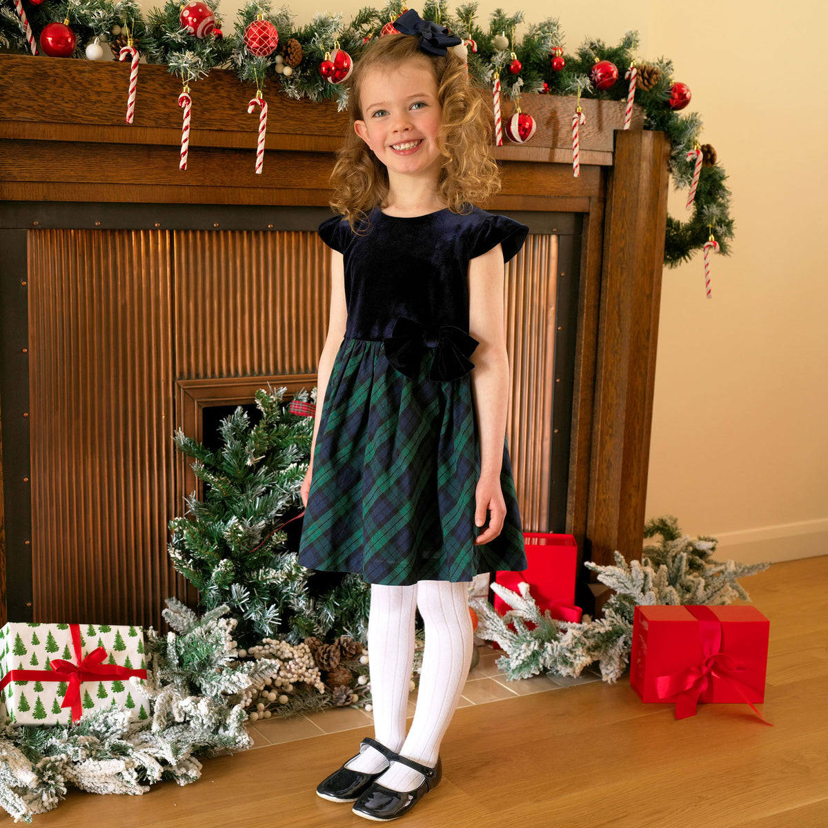 Navy Velvet Blackwatch Check Party Dress