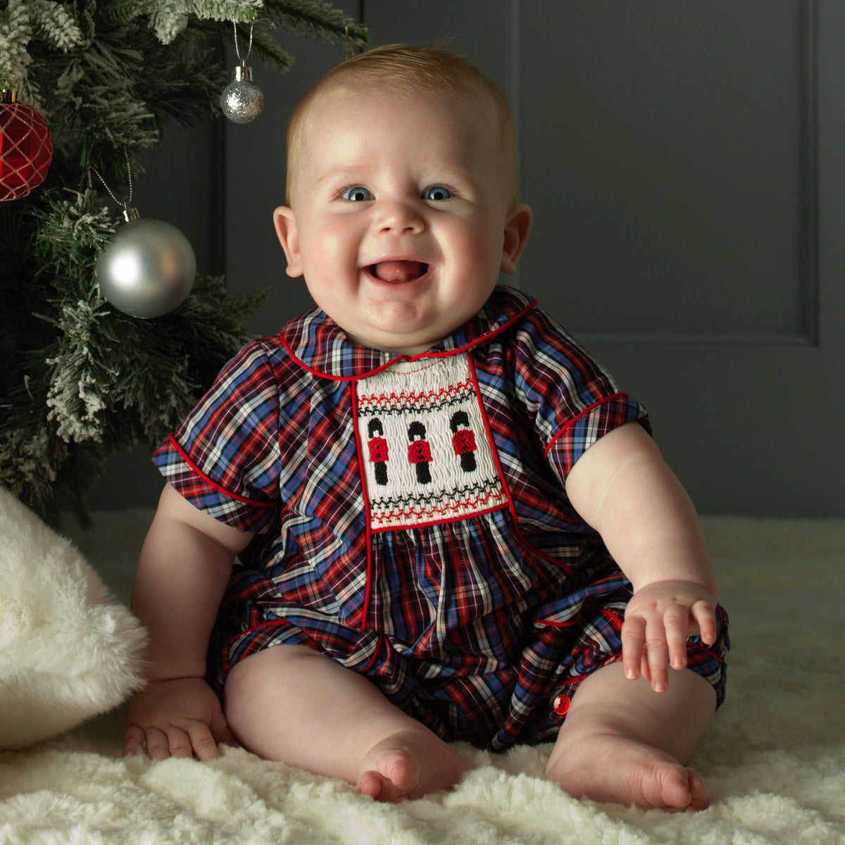 Red Soldier Smocked Tartan Babysuit