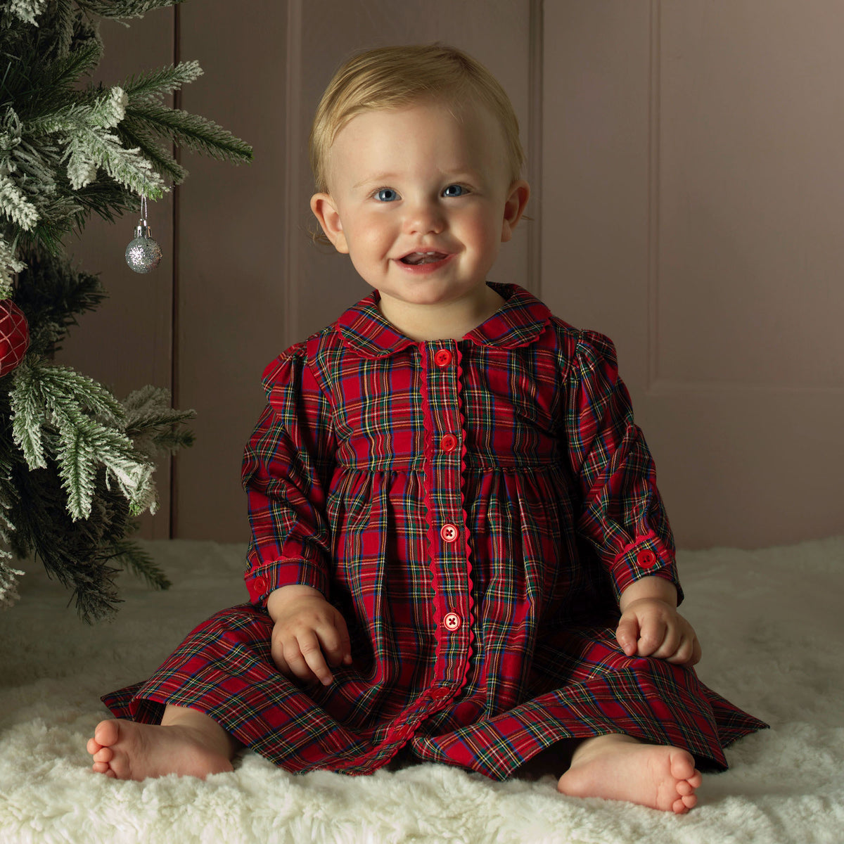 Red Tartan LS Button-front Dress & Bloomers