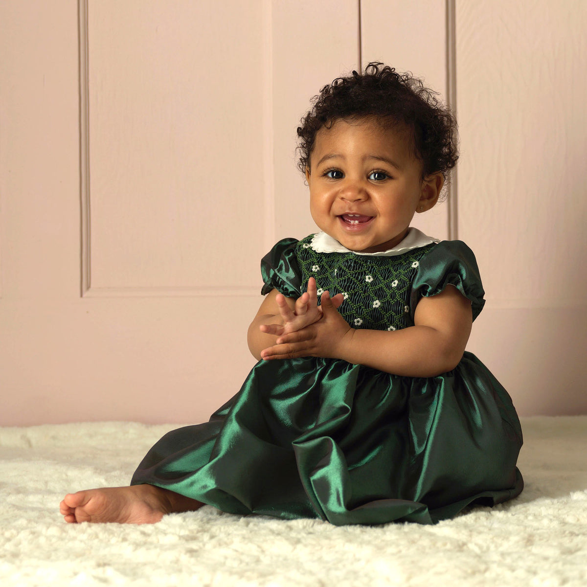 Green Taffeta Smocked Dress
