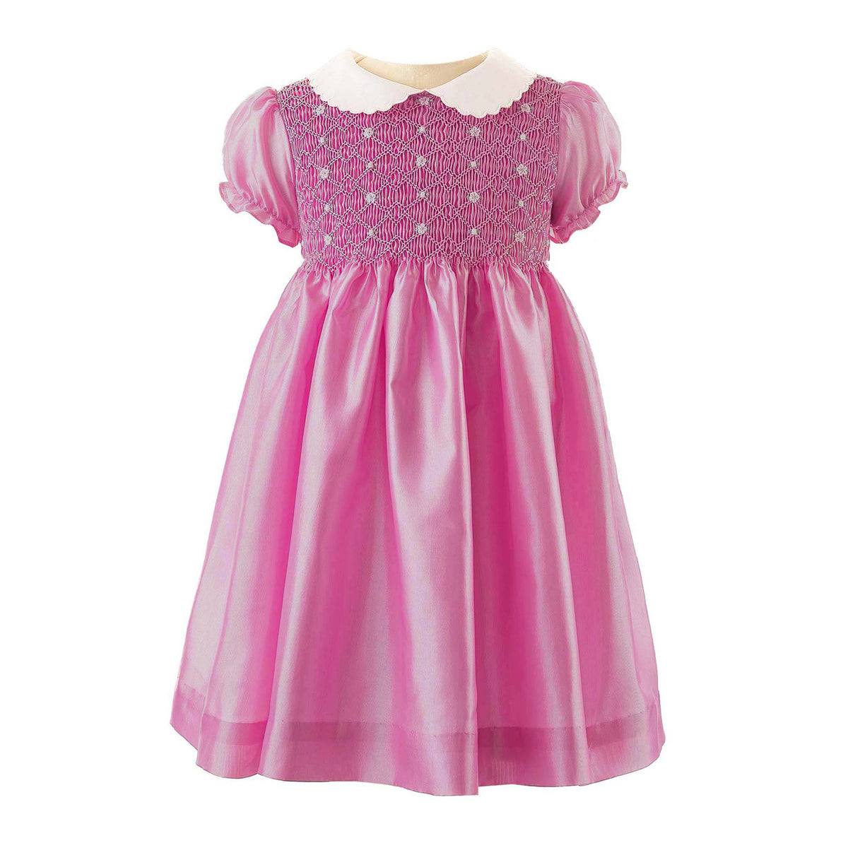 Pink Taffeta Rosebud Smocked Dress