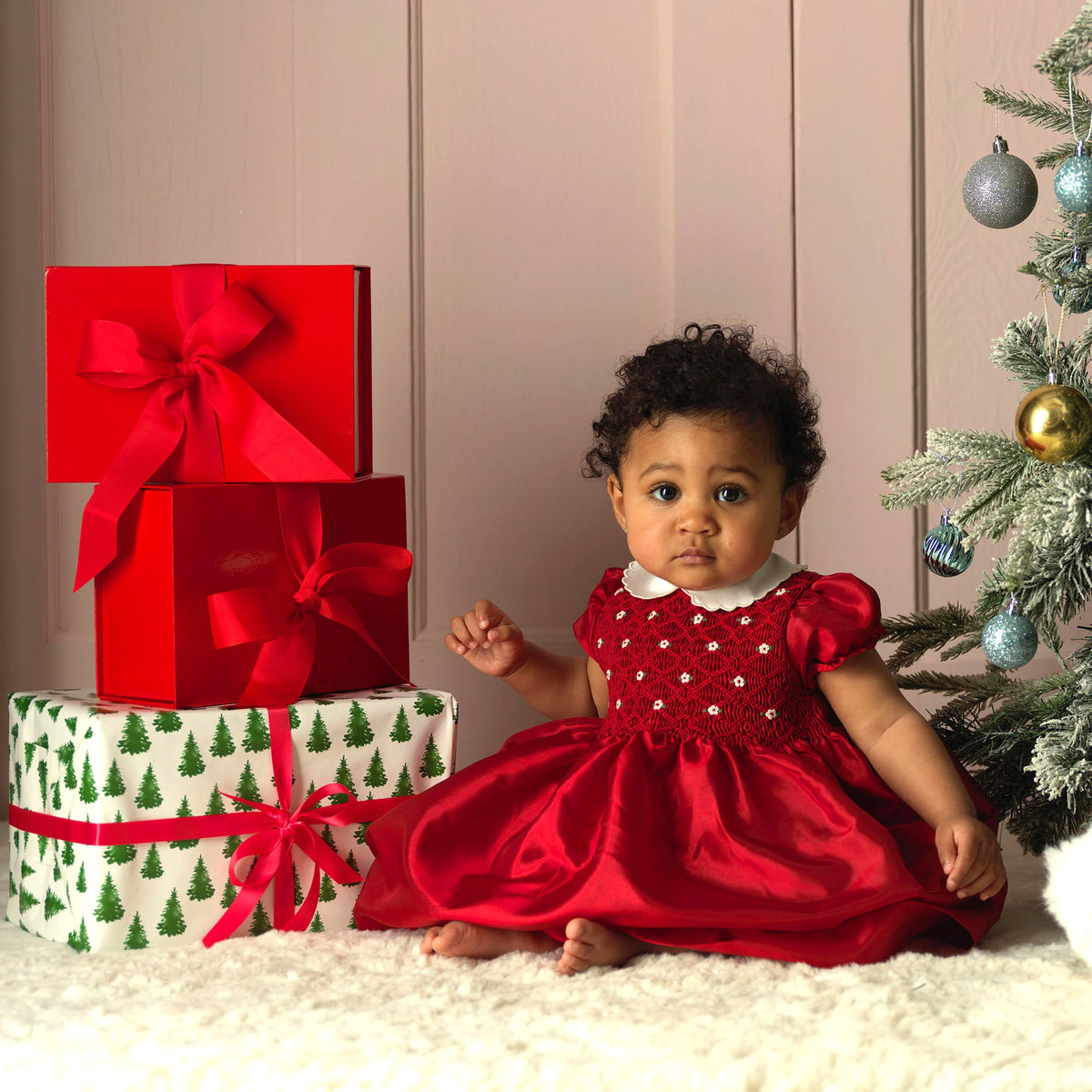 Red Taffeta Smocked Dress