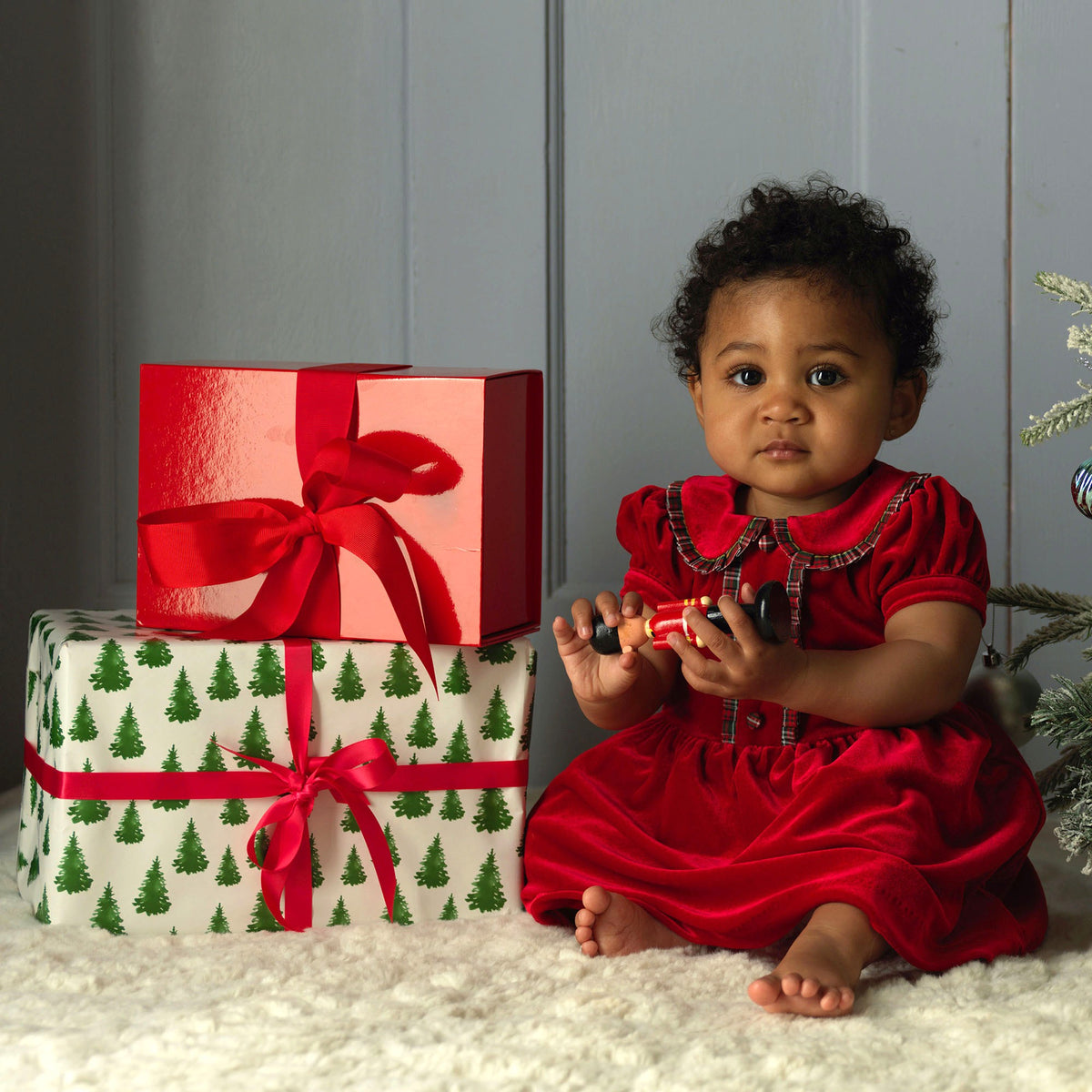 Red Velvet Tartan Trim Dress