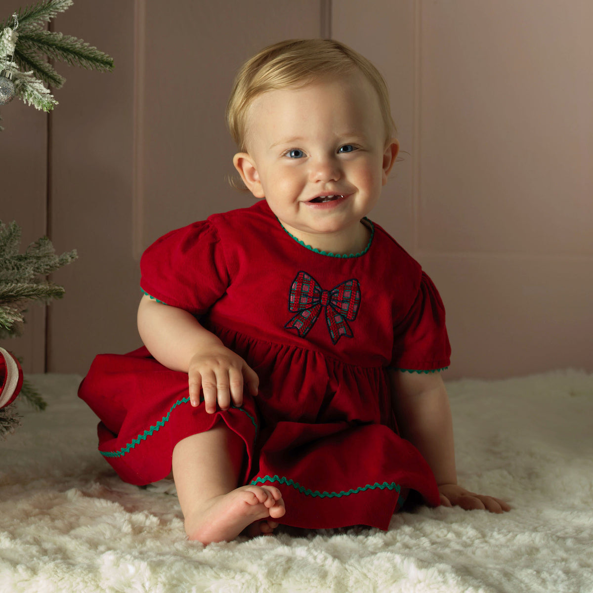 Red Tartan Bow Embroidered Dress & Bloomers