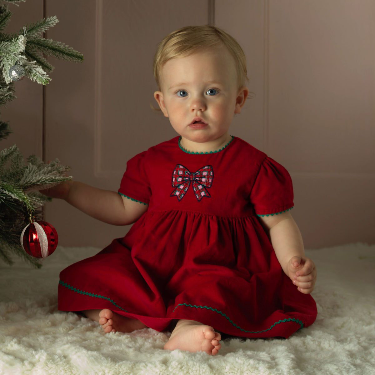 Red Tartan Bow Embroidered Dress & Bloomers