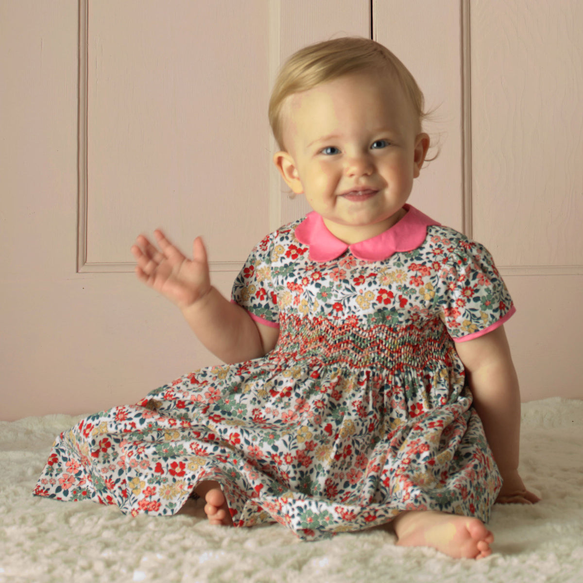 Pink Petal Collar Floral Smocked Dress & Bloomers