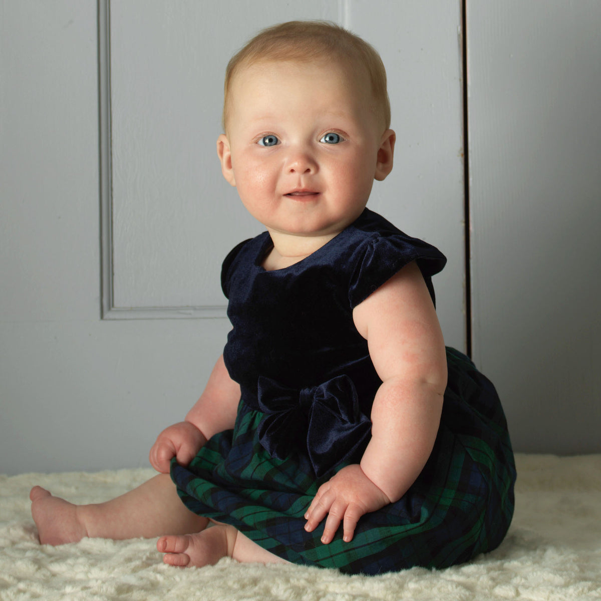 Navy Velvet Blackwatch Check Party Dress