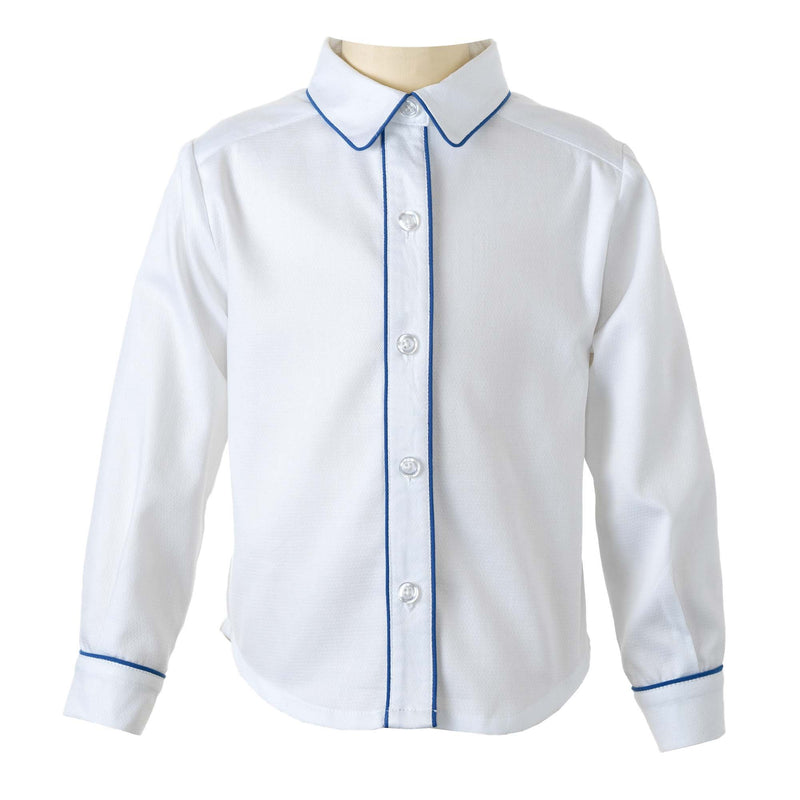 Boys white pique shirt, trimmed with blue pipping at collar edge, cufs and button placket.