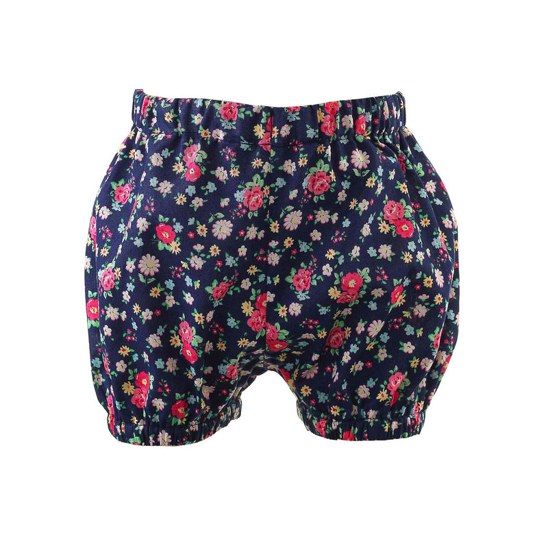 Navy bloomers with pink floral print to compliment babies floral button-front dress.