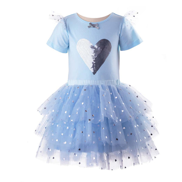 Blue short sleeve tutu & top set decorated with silver heart and sequins.