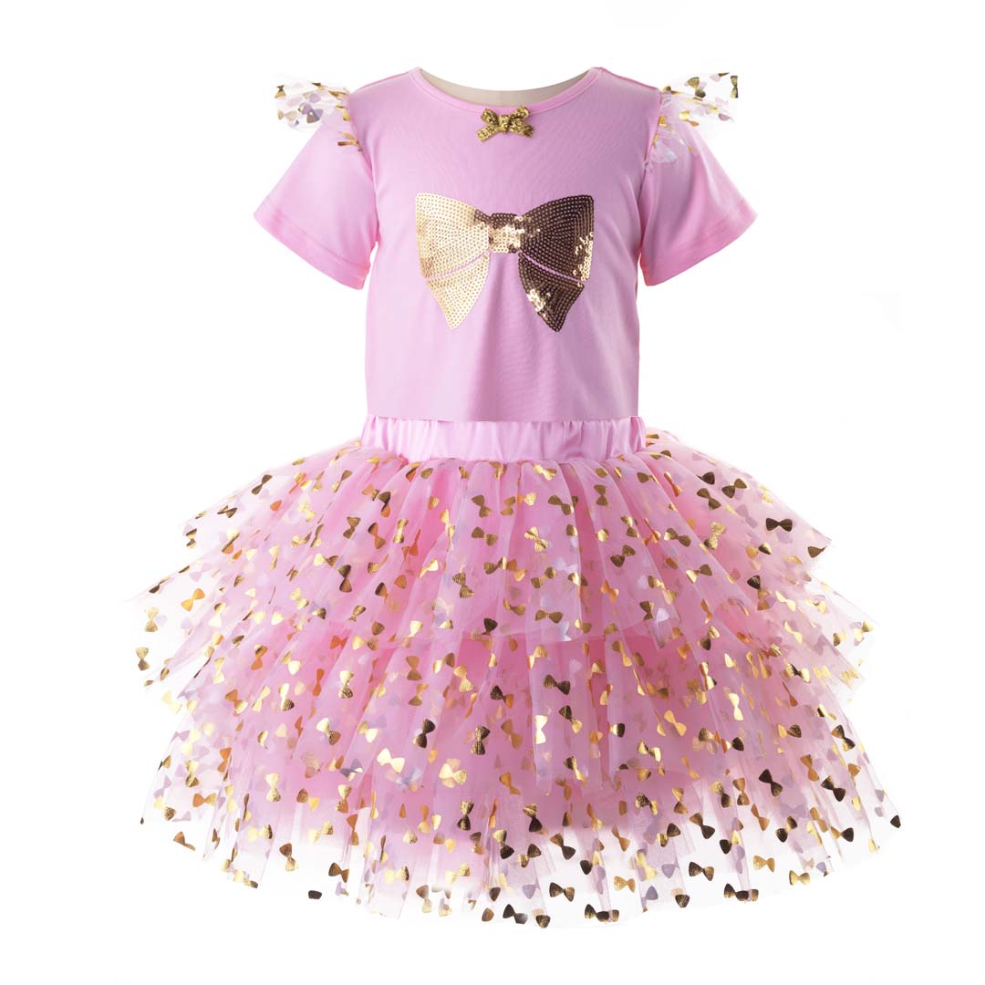 Pink short sleeve tutu & top set decorated with gold bow and sequins.