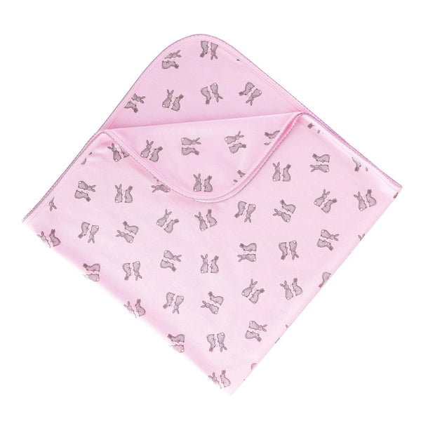 Soft cotton interlock blanket with grey bunnies print on pink base, with grey picot trim.