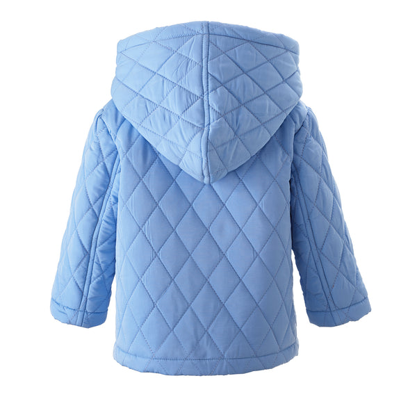 Children's blue quilted jacket with hood, patch pocket on the front and striped blue lining.