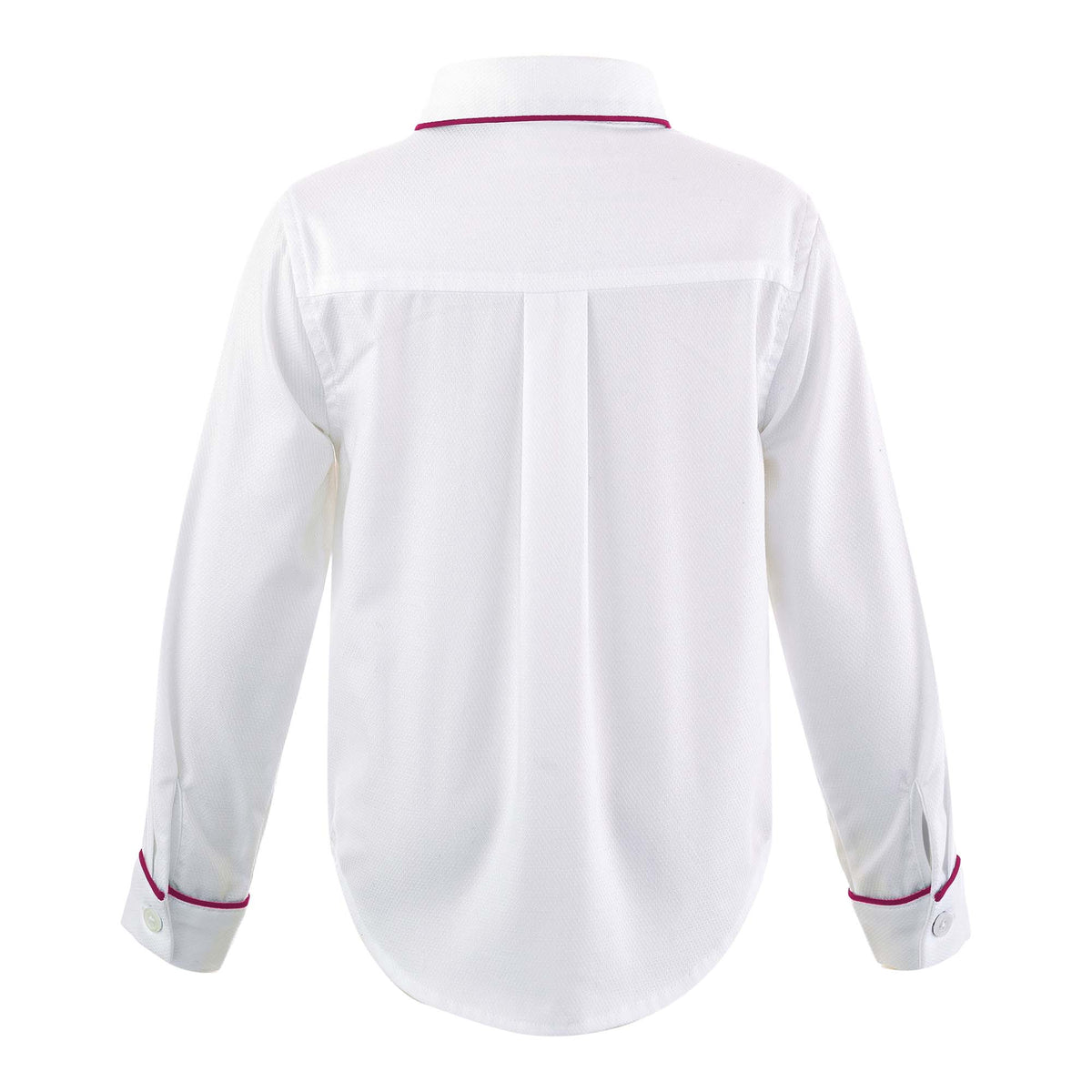 Boys white pique shirt, trimmed with burgundy pipping at collar edge, cufs and button placket.