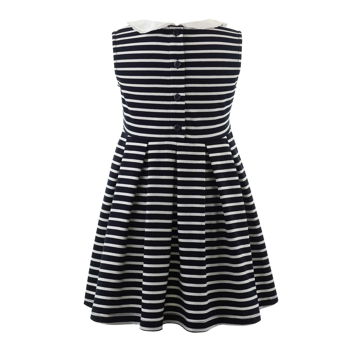 Girls jersey navy and white breton stripe dress, sleeveless with ivory peter pan collar.