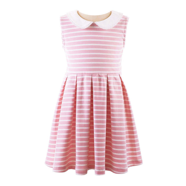 Girls pink and ivory striped jersey dress, with pleated skirt and contrasting peter pan collar.