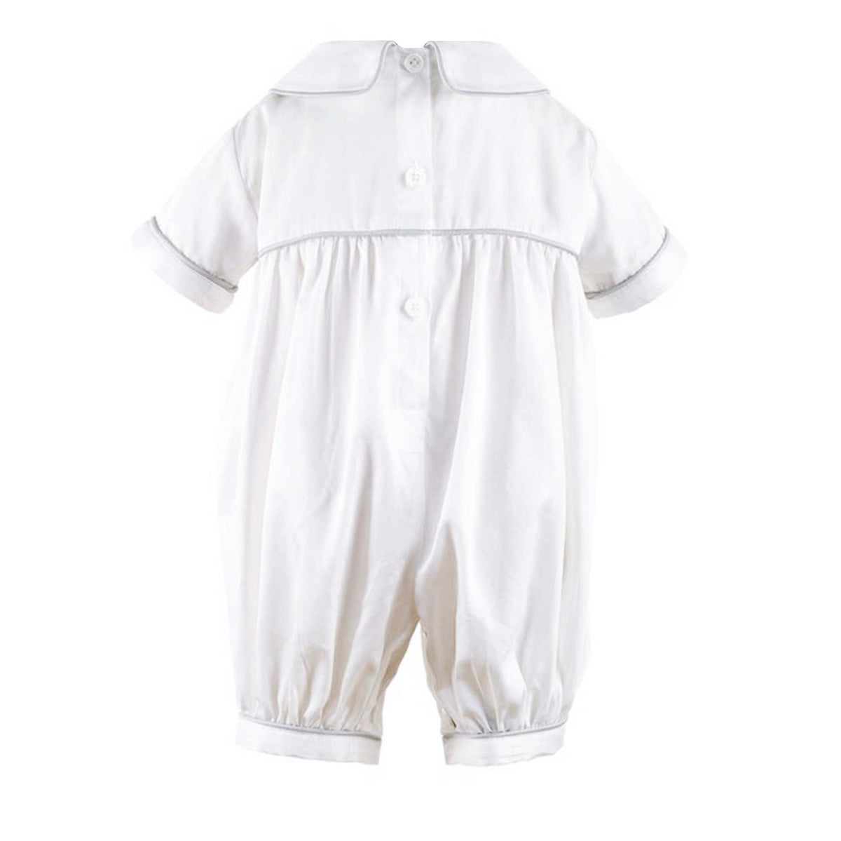 Ivory babysuit with soldier embroidered motif on chest and grey piping at collar and cuffs.