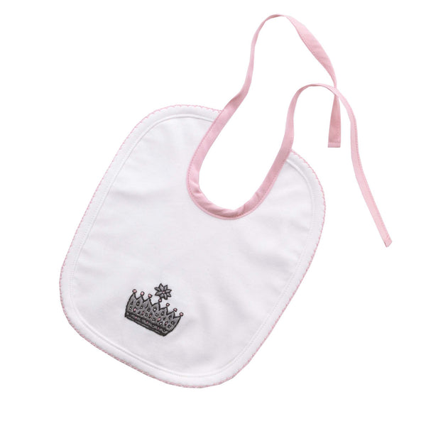 Ivory bib with crown embroidered motif and pink woven lining and strap