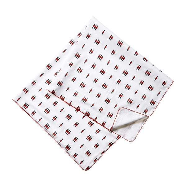 Cotton sheet measuring 95 x 95cm with red and grey soldier print and red picot trim